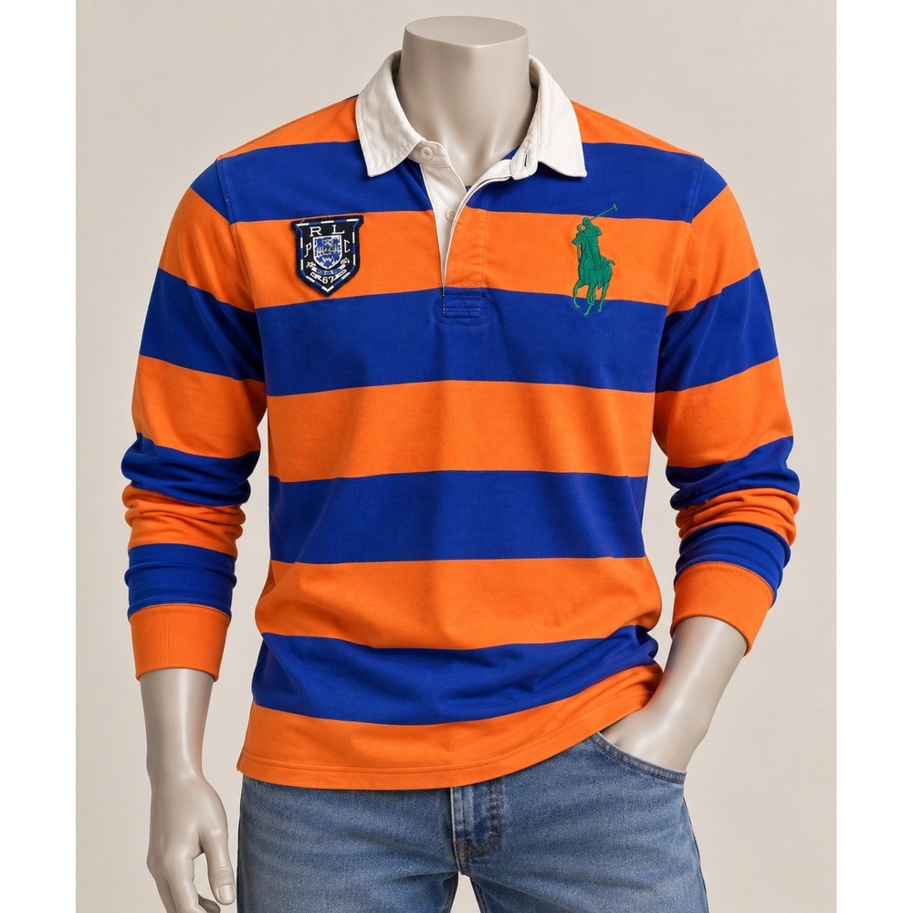 Polo Ralph Lauren Kids XL 18-20 Orange Blue Striped Long Sleeve Rugby Shirt